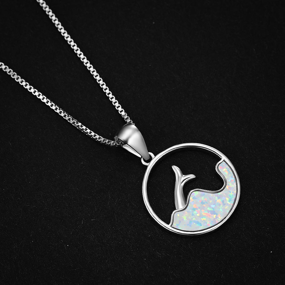 White Gold Round Blue Opal Sea Fishtail Necklace