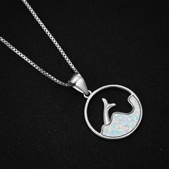 White Gold Round Blue Opal Sea Fishtail Necklace