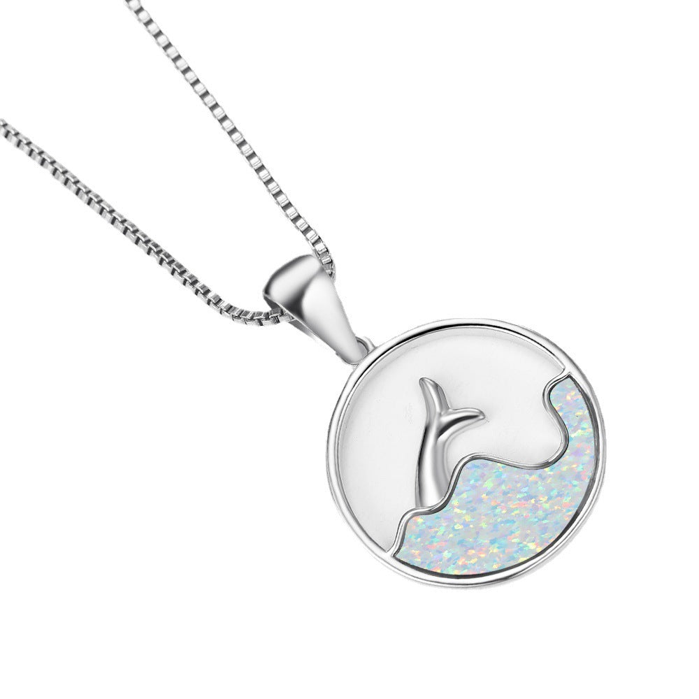 White Gold Round Blue Opal Sea Fishtail Necklace