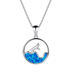 White Gold Round Blue Opal Sea Fishtail Necklace