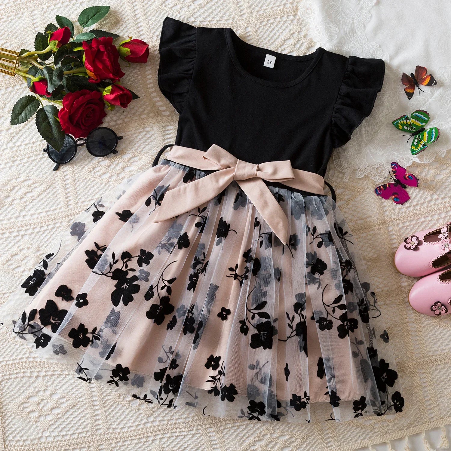 Black Rose Flower Dress for Girls 3 to 8 Years Summer Casual Girl Clothes Ruffles Tulle Elegant Princess Birthday Party Dress