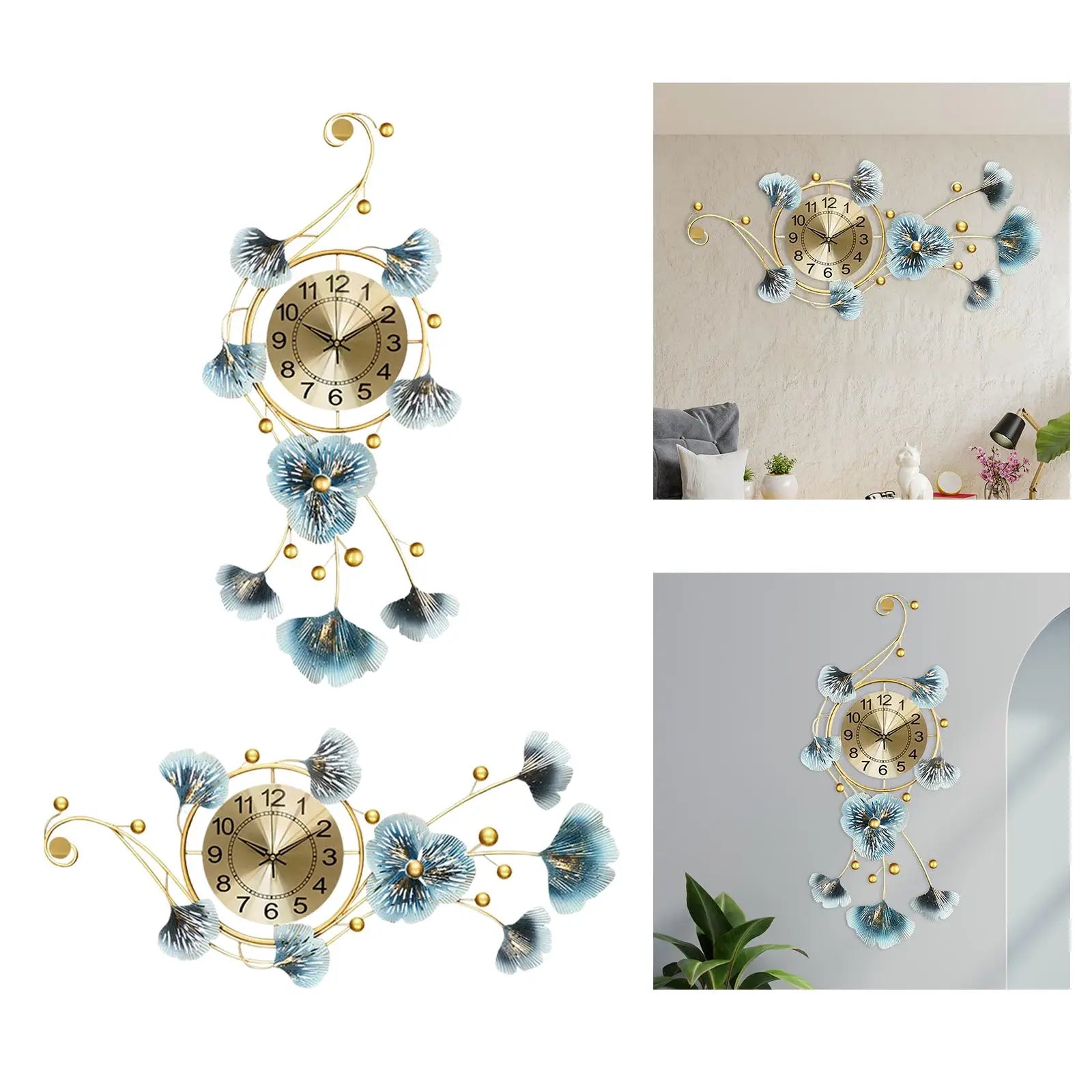 European Wall Hanging Clocks Light Luxury Mute Metal Art Ginkgo Leaf for Dining Room Hotel Cafe Decor
