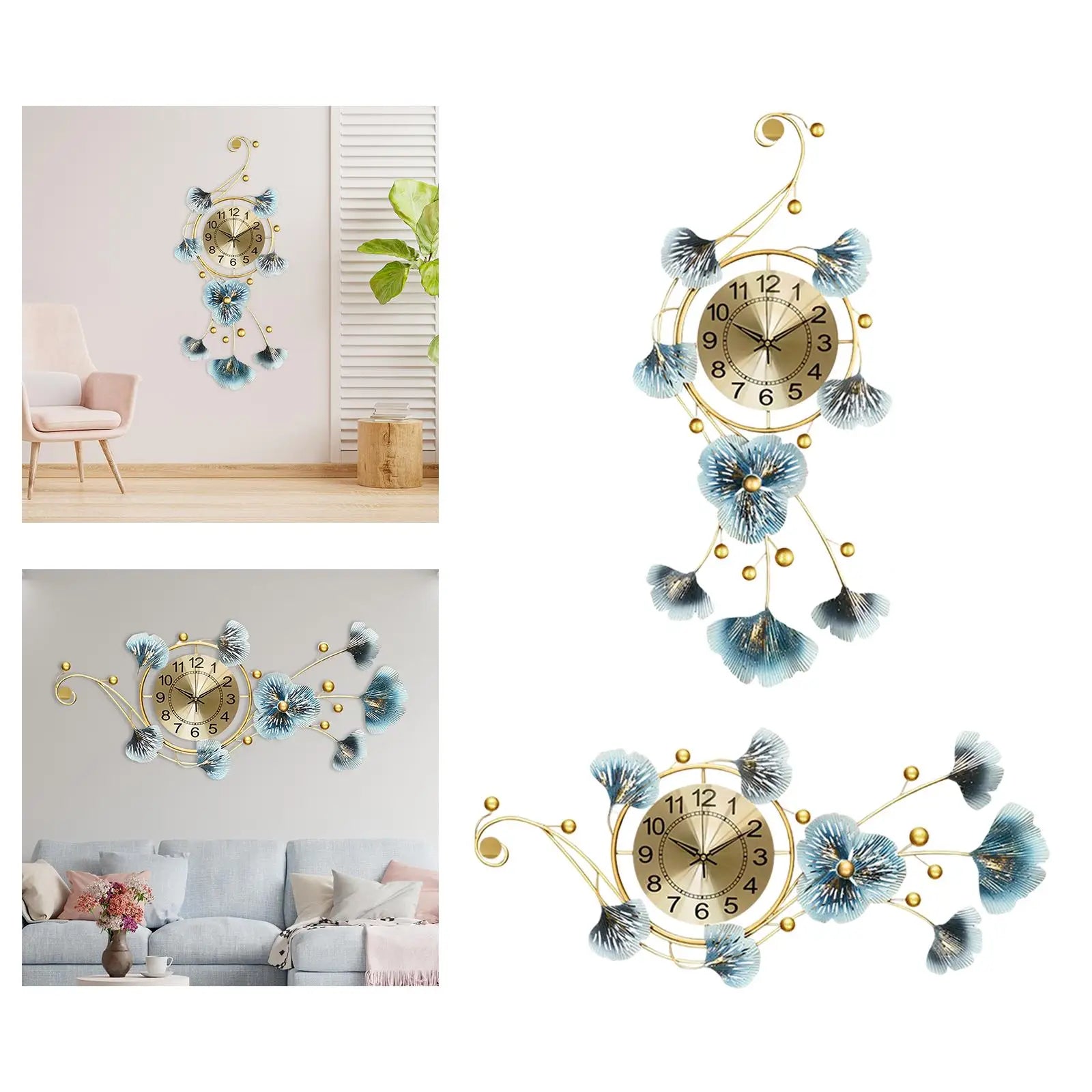 European Wall Hanging Clocks Light Luxury Mute Metal Art Ginkgo Leaf for Dining Room Hotel Cafe Decor