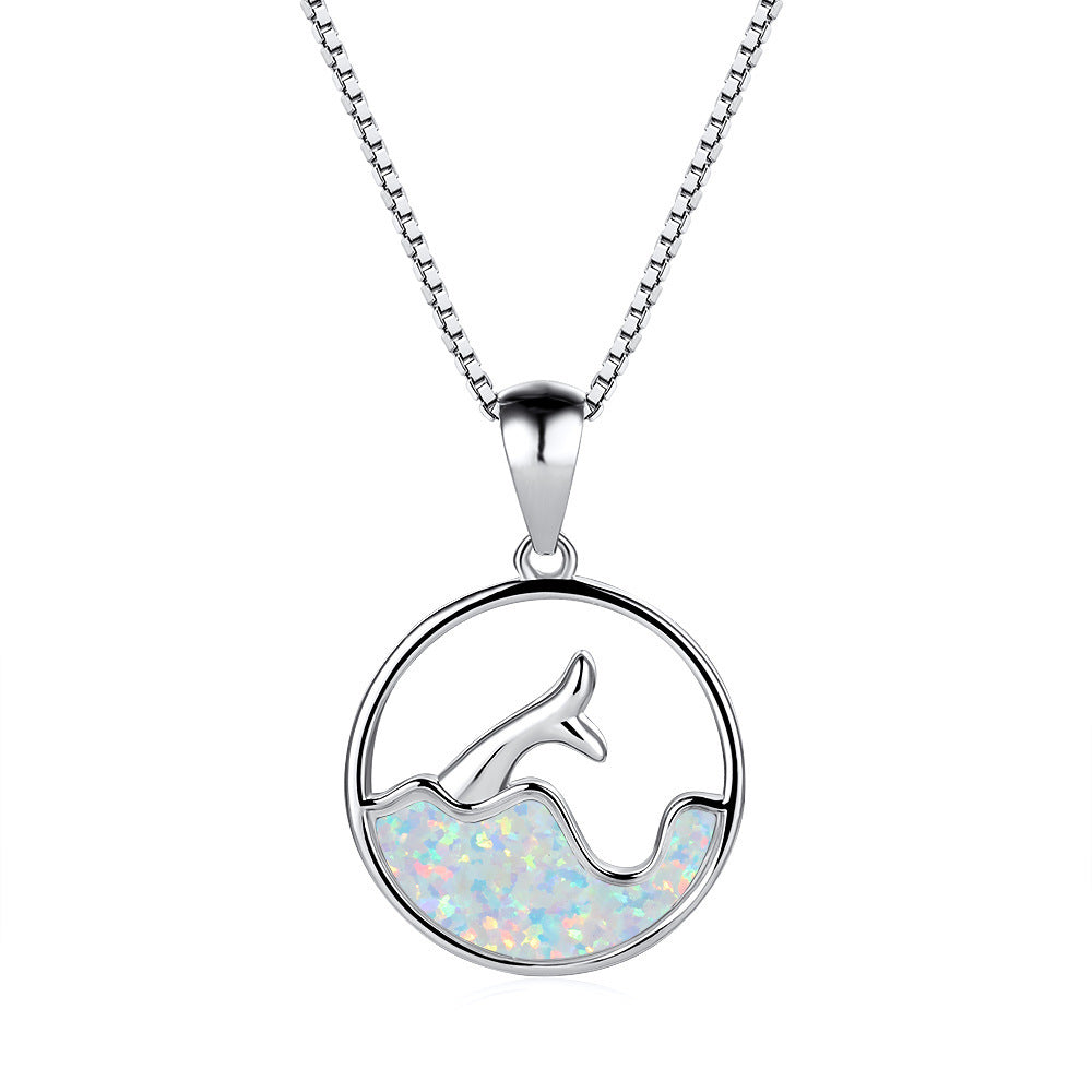 White Gold Round Blue Opal Sea Fishtail Necklace